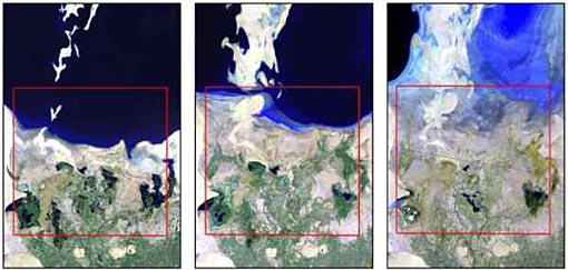 Das circa 120 x 120 km große Arbeitsgebiet der Heidelberger Forscher in Usbekistan (rot umrandet) liegt im Bereich des ehemaligen Aralsees. Seit dem Jahr 1960 wandelt sich der See von einem aquatischen zu einem neuen terrestrischen Ökosystem. Die Bilder zeigen den See in den Jahren 1987 (links), 2000 (Mitte) und 2009 (rechts).