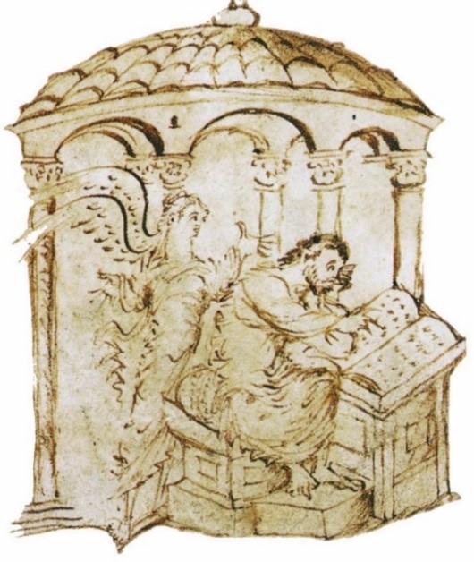 Illustration zu Psalm 1, Utrecht Psalter, ca. 830 (Universitätsbibliothek Utrecht, Ms. 32, fol. 1v)
