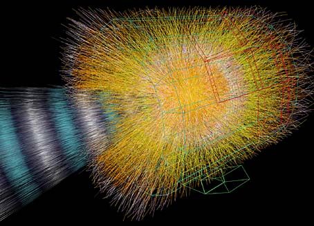 Computer-Simulation einer zentralen Blei-Blei Kollision im ALICE Detektor des LHC am CERN in Genf. Die ersten derartigen Reaktionen sollen 2010 stattfinden.