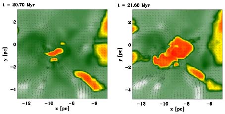 Die Entstehung eines protostellaren Kerns in numerischer Simulationsrechnung (Computersimulation ZAH/ITA, Banerjee et al. 2009)