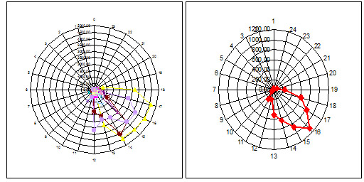 In Spinnennetzdiagrammen wie den oben abgebildeten lassen sich die Raum-Zeit-Daten älterer Menschen zusammenfassend darstellen und miteinander vergleichen.