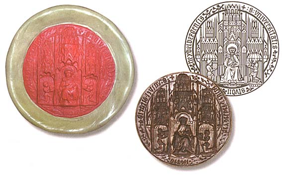 Wachsabdruck (oben) und Siegelstempel (rechts): Wohl als Schutzpatron der neuen Universität ist in der Mitte des Bildes der Apostel Petrus dargestellt. 