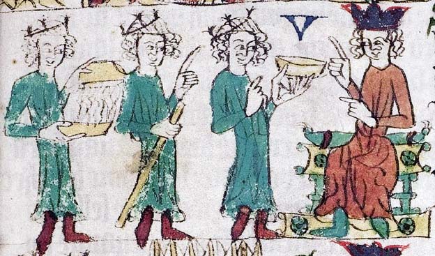 Die Kurfürsten dienen dem frisch gewählten König. Darstellung aus dem „Heidelberger Sachsenspiegel“, Anfang 14. Jahrhundert.