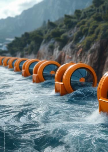KI-generiertes Symbolbild, futuristische Turbinen im Meerwasser vor Steilküste