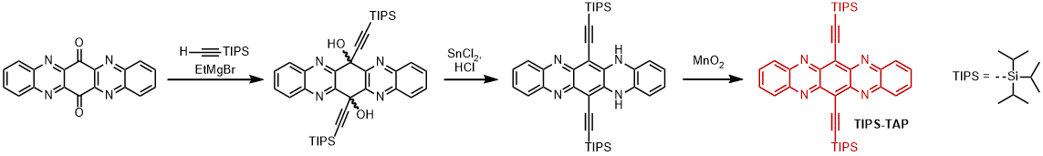 Strukturzeichnung Synthese eines TIPS-Tetraazapentacen-Derivates