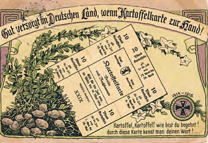 Die Feldpostkarte aus dem Jahr 1916 karikiert die Zuteilung von Kartoffeln.