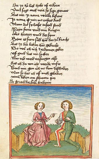Wittig bereitet sein Liebesgeständnis vor (Heidelberg, Universitätsbibliothek: Cpg 353, fol. 20v)