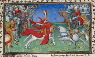 Alexander unhorses Porrus (Royal MS 20 B xx) 53r