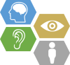 Bild Barrierefreiheit - Vier farbige Kacheln mit schemenhafter Darstellung eines Kopfes, Auges, Ohrs und einer Person