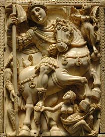 Kaiser Justinian als siegreicher Feldherr, begleitet von einem Engel.