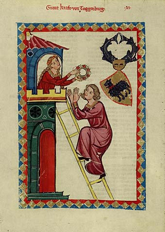 Codex Manesse, Zürich, 1305 bis 1340 (Heidelberg, UB, Cod. Pal. germ. 848, fol. 22v): Graf Kraft von Toggenburg 