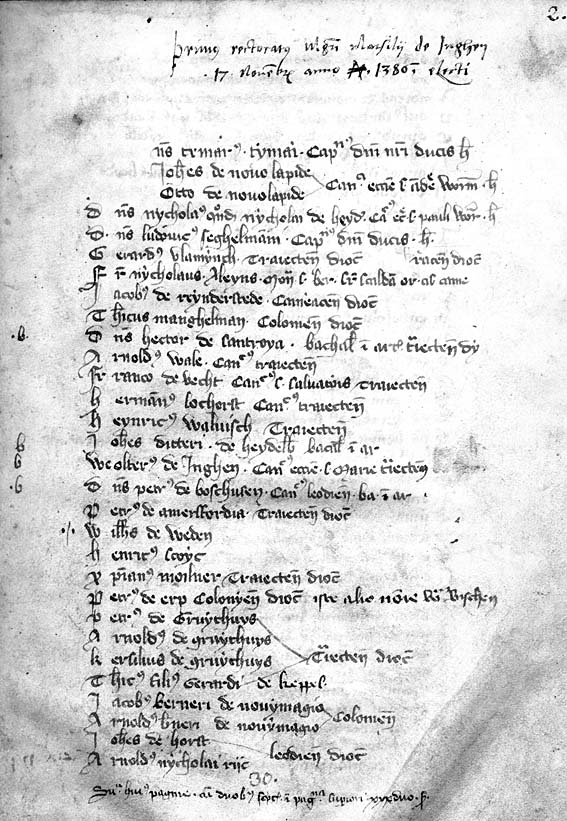 Ein seltenes Dokument: Eigenhändig hat Marsilius von Inghen im Jahr 1386 die Namen der Studenten in den ersten Matrikelband eingeschrieben. Marsilius war nicht nur Gründungsrektor der Universität Heidelberg (1386), als Lehrer der Artes Liberales und der Theologie verkörpert er auch anschaulich die damalige Vorstellung der „universitas“. 