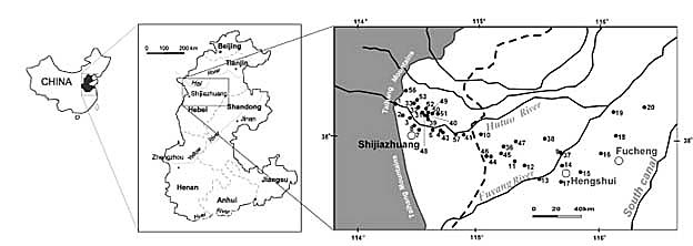 Fast so groß wie Deutschland: die Nordchinesische Tiefebene. Im nördlichen Teil wurde eine Grundwasserfließlinie von über 200 km Länge untersucht (nummerierte Punkte stellen Brunnen dar).