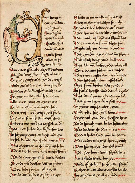 Eine Seite aus der mittelalterlichen Versdichtung „Der Herzog von Braunschweig“. Die Handschrift gehört jetzt wieder der Portheim-Stiftung.  
