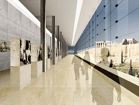 Ein Blick in den Museums-Neubau des Schweizer Architekten ­Bernard Tschumi. Als Materialien dominieren Marmor, Sichtbeton und Glas.