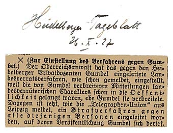 Emil Gumbel als Gegenstand erhitzter Bericht­erstattung im Heidelberger Tageblatt, 1927 