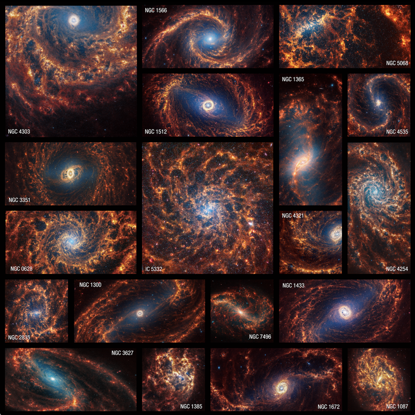 Eine Collage mehrerer Spiralgalaxien, die durch das James-Webb-Weltraumteleskop aufgenommen wurden