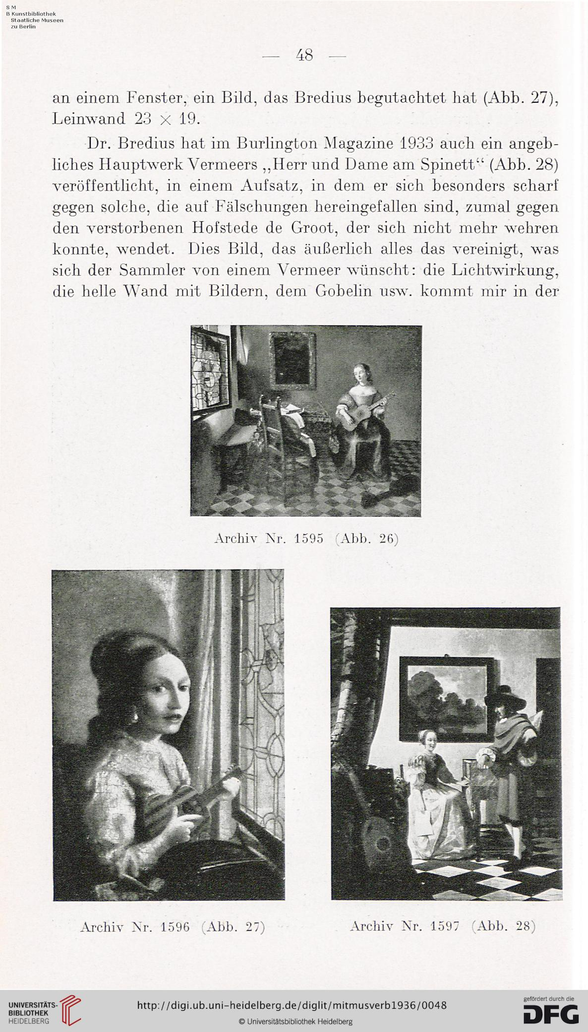 Excerpt from the “Mitteilungen des Museums-Verbandes, i.e. the Communications from the Museums Association, printed as a manuscript and issued in February 1936. The forgery at the bottom right, “Gentleman and Lady at the Spinet” in the style of Jan Vermeer, was probably made by the Vermeer forger Han van Meegeren. It is now in the Rijksdienst voor het Cultureel Erfgoed, Amersfoort/Amsterdam/Rijswijk (Instituut Collectie Nederland).