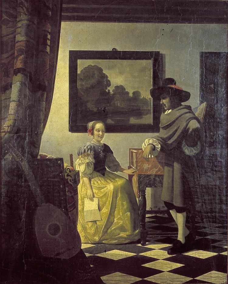 Han Van Meegeren (attributed), forgery “Gentleman and Lady at the Spinet” in the style of Jan Vermeer, before 1932; it is now in the Rijksdienst voor het Cultureel Erfgoed, Amersfoort/Amsterdam/Rijswijk (Instituut Collectie Nederland).