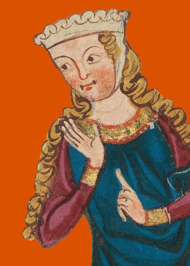Mittelalterliche Frauenfigur vor orangenem Hintergrund