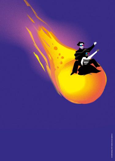 Visual der Reihe Apokalyptic Cinema. Zwei Personen reiten auf einem Kometen vor lila Hintergrund.