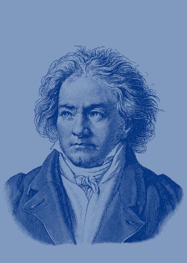 Blau eingefärbter Kufperstich mit Porträt von Ludwig van Beethoven