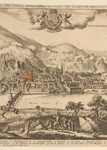 Buchillustration Heidelberger Stadtansicht mit Belagerung 1622