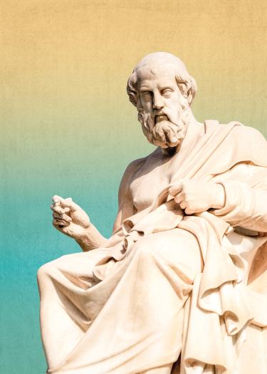 Symbolbild, Antike Statue eines Philosophen vor farbigem Hintergrund