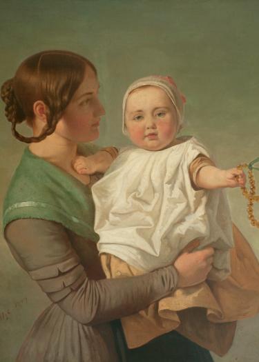 Gemälde, historisch, Mutter mit Baby, das eine Bernsteinkette hält